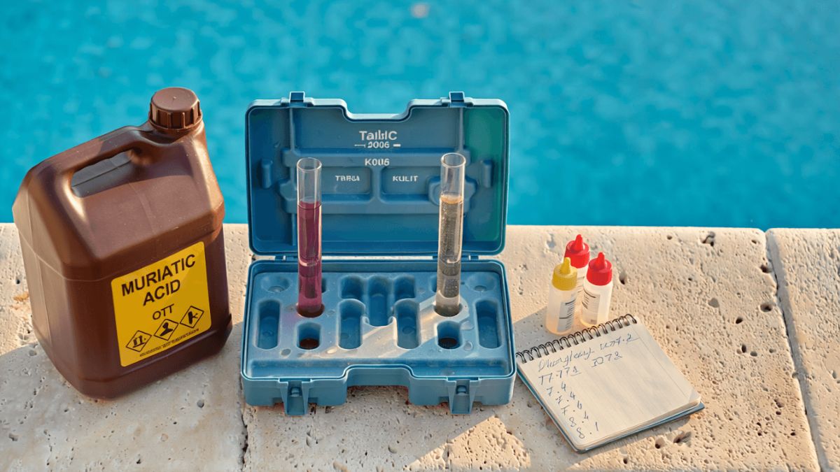 Why Does My Swimming Pool pH Keep Rising?Taylor K-2006C pool chemistry test kit on travertine pool deck showing high pH reading of 8.2 in test tube beside muriatic acid bottle and pH log notepad