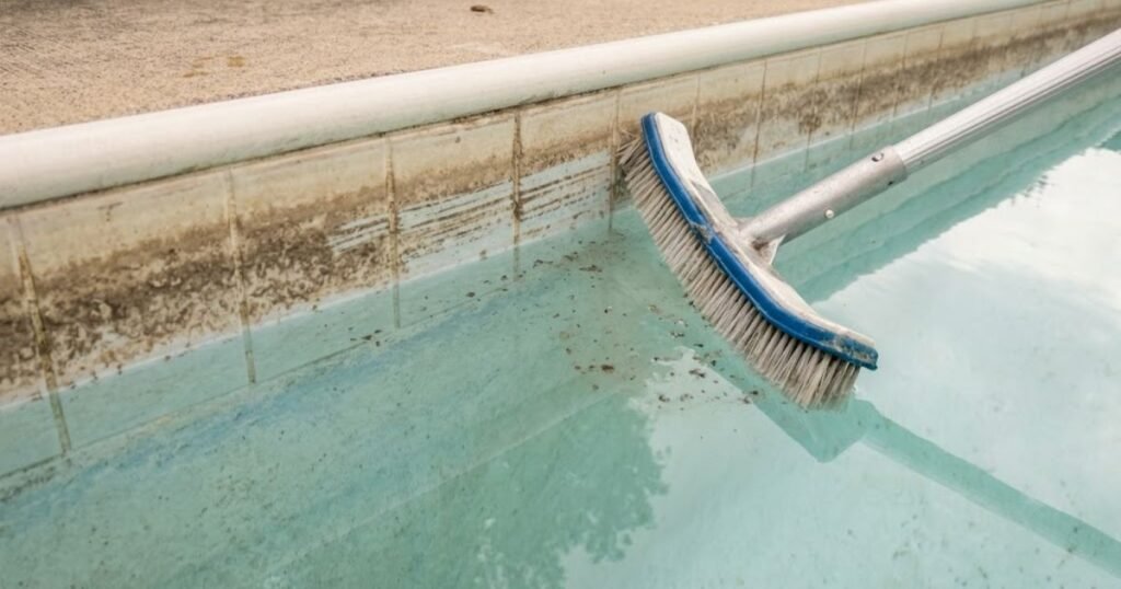 Stiff-bristle pool brush resting against a faded plaster pool wall at the waterline showing disturbed biofilm streaks