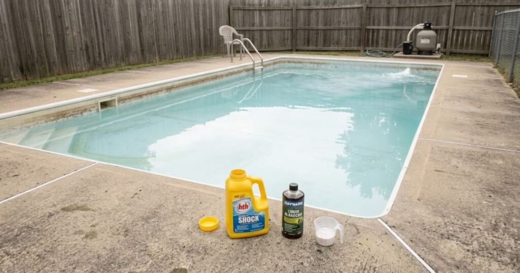 Residential pool after shocking and treatment with pump running and water beginning to clear, chemicals visible on deck