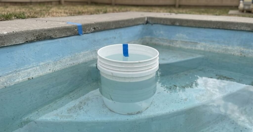 Pool Water Level Dropping 5-gallon white plastic bucket sitting on pool step during bucket test with tape mark on inside and pool wall