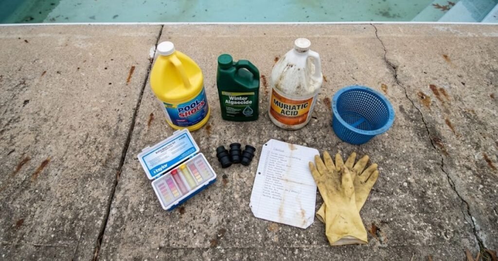 How to Close a Pool for Winter Pool winterizing supplies laid out on a concrete pool deck including chemicals test kit and expansion plugs