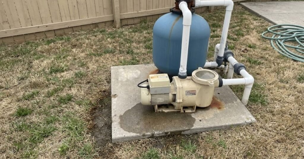 Wet concrete and damp soil around pool equipment pad with pump and sand filter showing possible pool leak sign