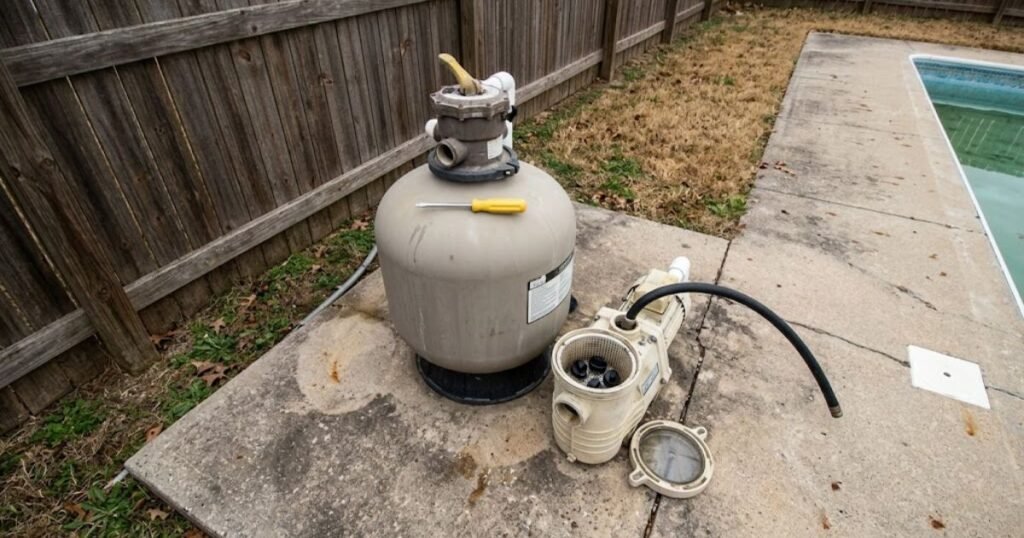 Pool pump and sand filter on concrete pad next to pool with drain plugs removed for winter storage