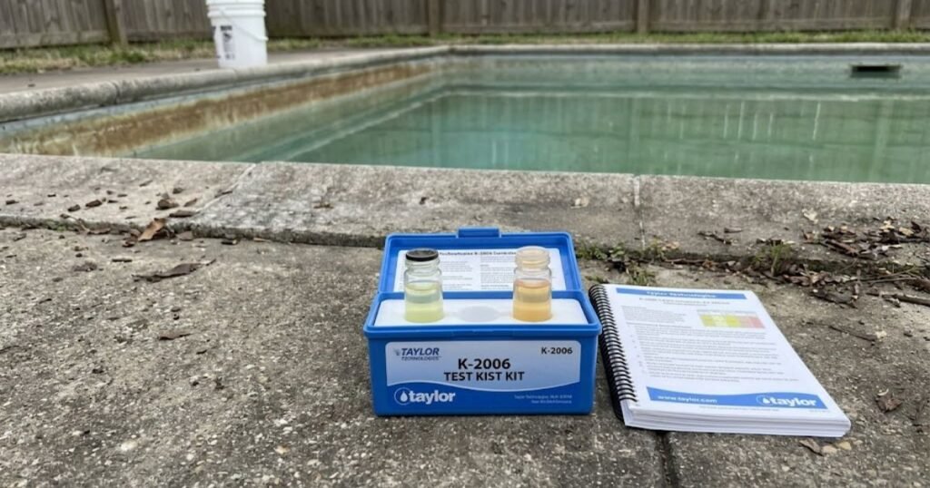 Taylor Technologies K-2006 test kit open on concrete pool deck with test vials filled with murky pool water at spring opening