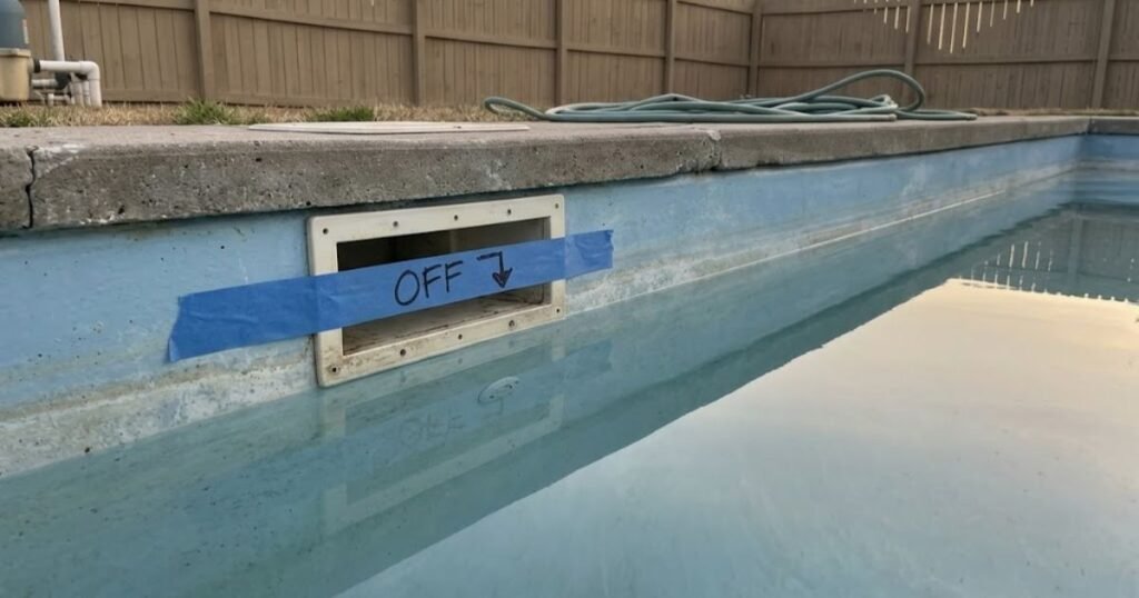 Pool water level marked with tape on skimmer box during pump off overnight leak test in residential backyard