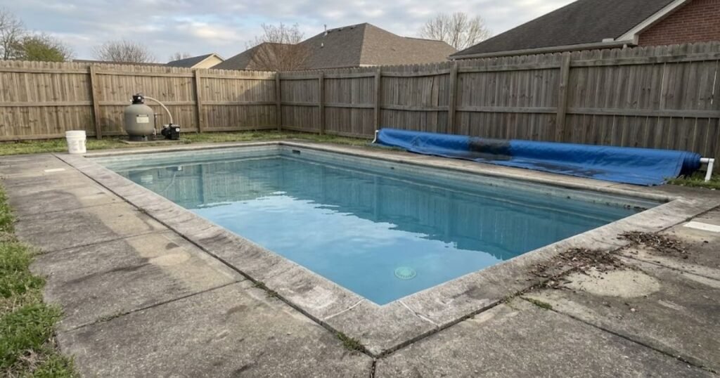 Clear blue residential in-ground concrete pool with balanced water after successful spring opening in a normal American backyard
