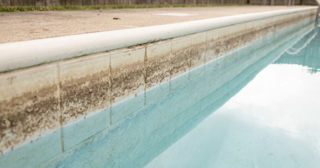 Pool Water Feels Slimy Close-up of inground pool step showing gray-brown biofilm slime ring at the waterline on cream tile