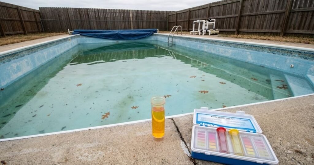 Pool water test kit being used at pool edge during winterization with murky water visible below