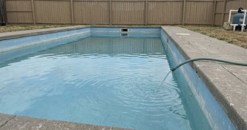 Garden hose refilling residential pool with visibly low water level on concrete in-ground pool