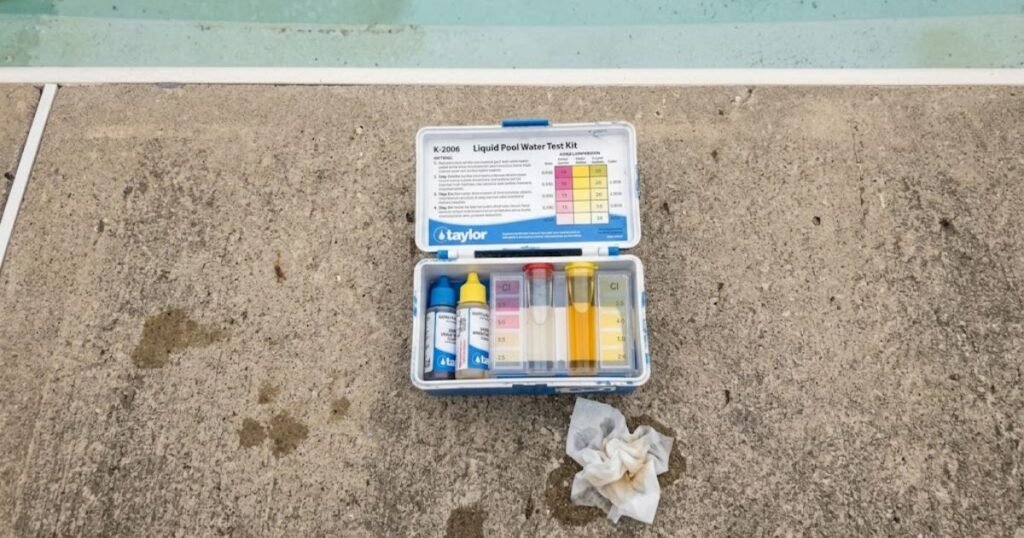 Taylor Technologies K-2006 liquid test kit open on pool deck with vials showing high combined chlorine reading in yellow-orange