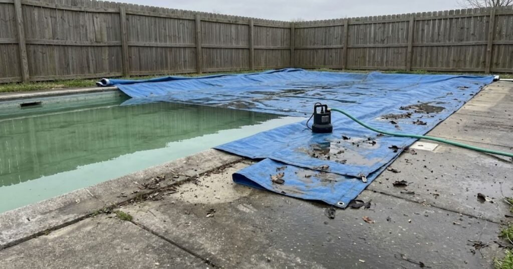 How to Open a Pool for the Season Wet blue winter pool cover lying on concrete deck beside residential pool with a submersible pump draining standing water off the top