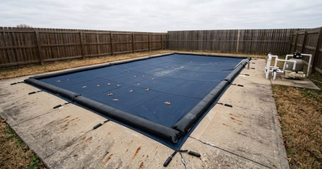 Dark blue winter safety cover stretched over an inground pool with water bags around the perimeter in October